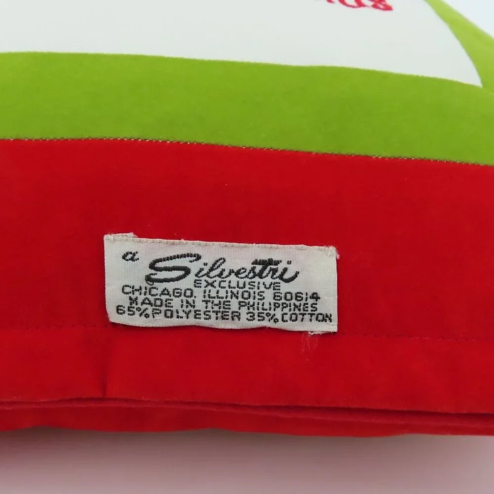 VTG Silvestri Merry Christmas Embroidered Green Red Square Holiday Throw Pillow